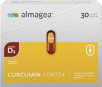 Almagea-CURCUMIN-FORTE Kurkumin i vitamin D sinergijski djeluju na imunitet i preporučuju se raznim populacijskim skupinama kojima je potrebna nutritivna podrška imunološkom sustavu. Almagea® Curcumin Forte+ dodatak je prehrani u Licaps® kapsulama koji sadrži: VISOKOISKORISTIV OBLIK KURKUMINA U MICELAMA VITAMIN D